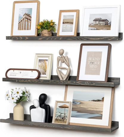 Picture Ledge Wall Shelves - 36 Inch Width Set of 3, Solid Pine Wood Rustic Floating Ledge Shelves for Kids' Room, Bedroom, Kitchen, Bathroom, Living Room, Nursery Display Wall Decor, Grey