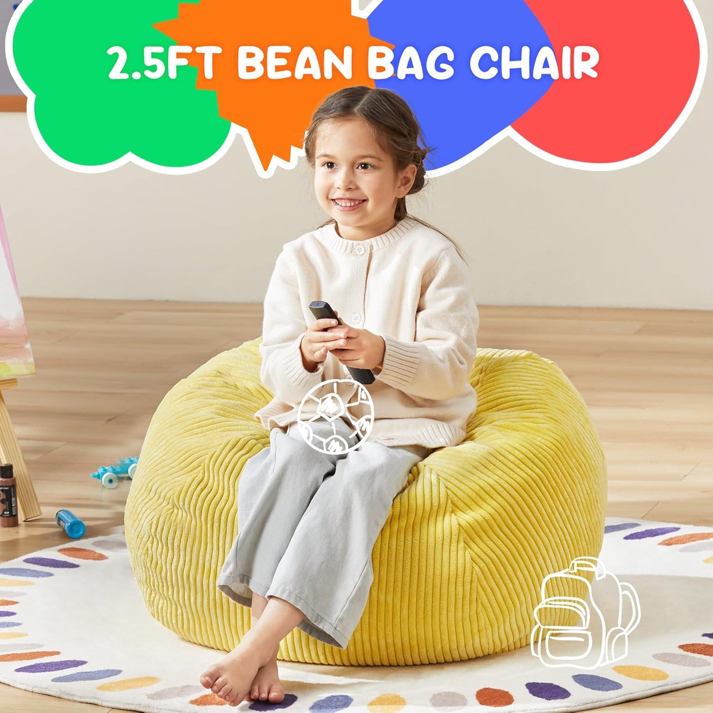 Hobestluk 2.5FT Bean Bag Chair Beanbags Small Bean Bag Chair with Filler Included Teardrop Bean Bag with Removable Cover for Bedroom Living Room (Small, Yellow)