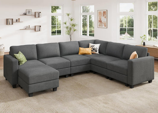 HONBAY Corduroy Sectional Sofa with Storage, U Shape Modular Sectional Sofa with Chaise, Modular Couches for Living Room, Dark Gray
