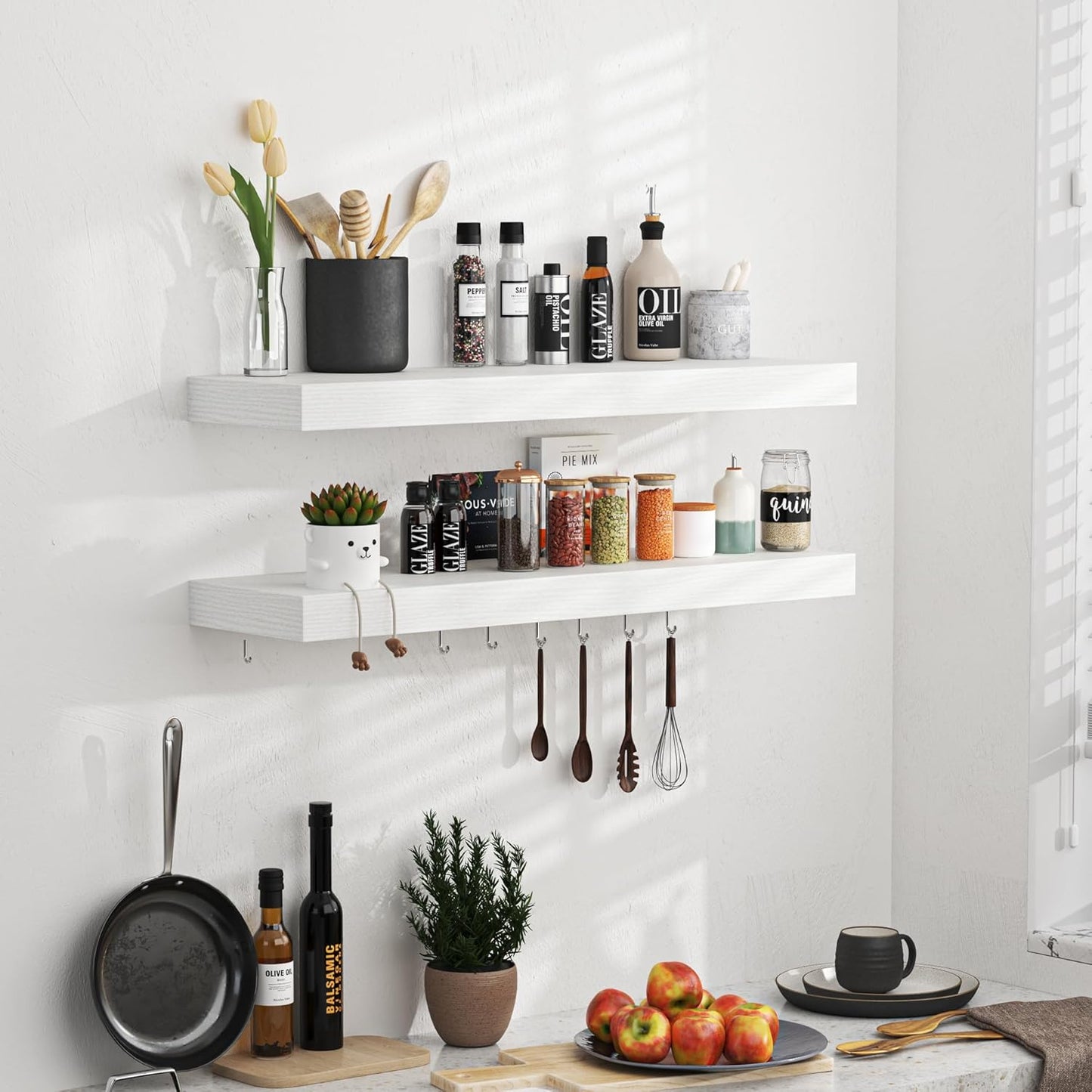 Floating Shelves - 24 Inch Rustic Wooden Wall Shelves - Extra Deeper & Thicker Wall Mounted Storage Shelf for Living Room, Kitchen, Farmhouse - 24" W x 9" D x 1.6" H - Rustic White, 2 Pack