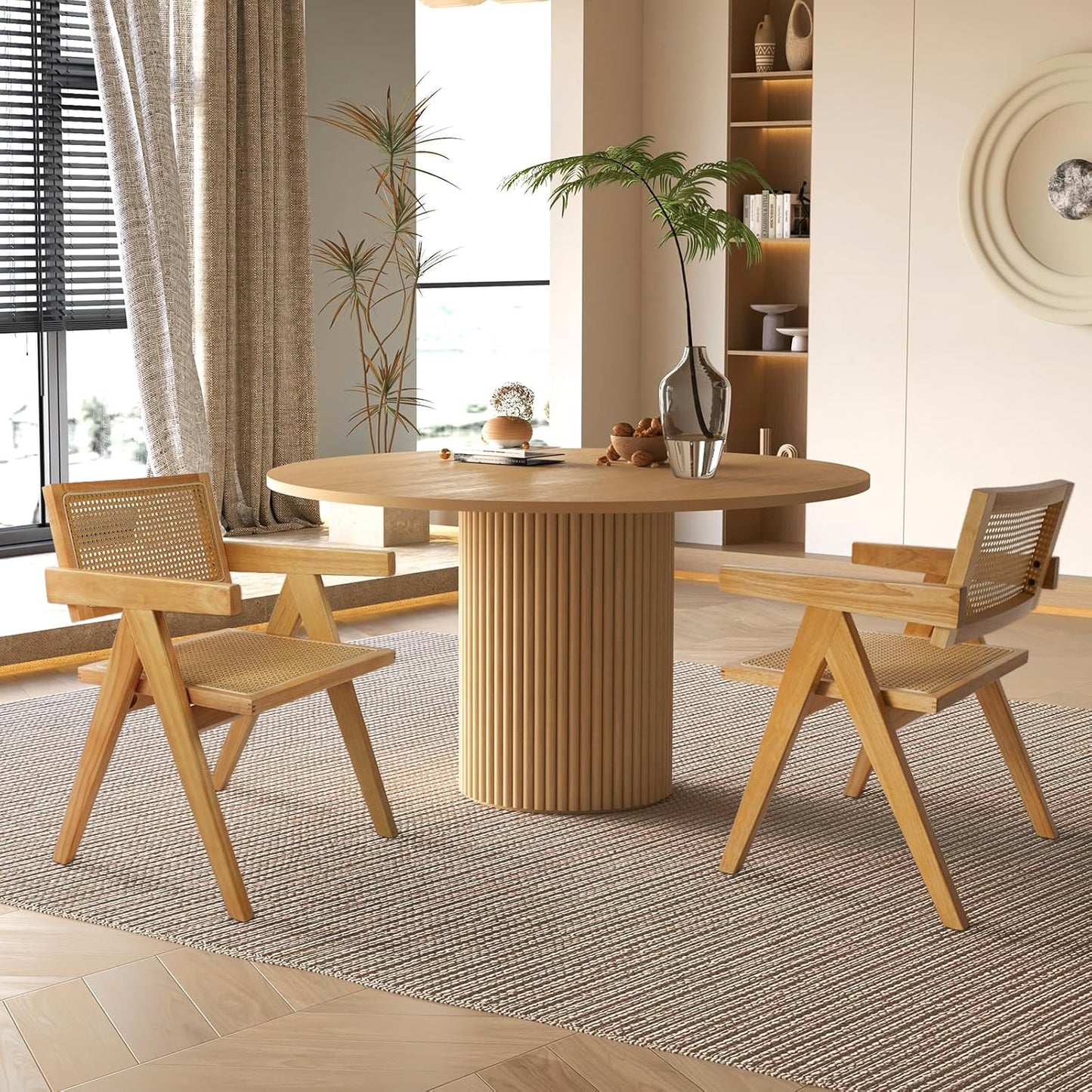 Cane Dining Room Chairs Set of 6, Modern Wood Kitchen Chairs with Arms, Light Malnut