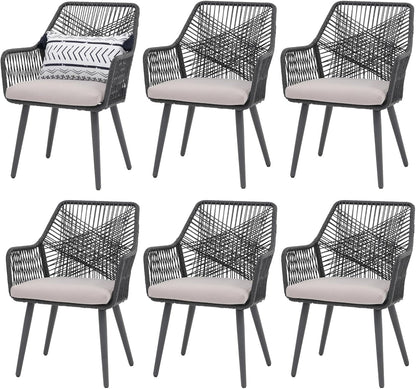 Patiorama Patio Dining Chair Set of 6, Woven Rope Outdoor Dining Chairs w/Steel Frame, All-Weather Twisted Rattan Chairs w/Armrest & Cushion, Outdoor Dining Wicker Chairs for Backyard Garden(Black)