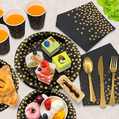 AIRE 175PCS Black and Gold Paper Plates Party Supplies for 25 Guests Disposable Party Decorations Dinnerware Golden Dot Black Paper Plates Napkins Cups Gold Plastic Forks Knives Spoons for Parties