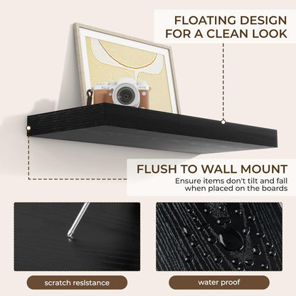 RICHFOCUS 24Inch Floating Shelves for Wall 2 Pack Shelves for Bedroom|Kitchen|Bathroom Wall Mounted Rustic Wood Floating Shelf with Invisible Brackets for Books|Storage|Decor, Black