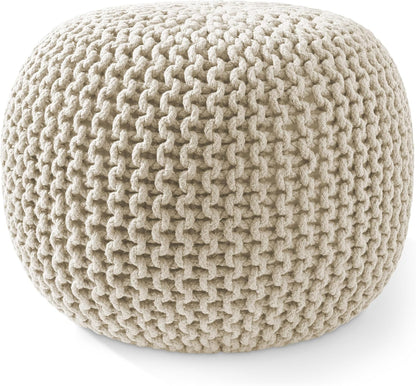 Casafield Round Pouf Ottoman, Natural - 20" Diameter x 14.5" High Cotton Knit Foot Stool - Boho Floor Pouffe for Living Room, Bedroom, Home Office