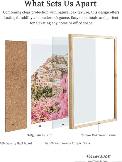 HesenDot Natural OAK Wood Amalfi Coast Framed Wall Art,12x16in Italy Beach Canvas Wall Print, Pink Flowers House Boho Wall Decor for Living Room,Bedroom,Office Gallery Gifts Set of 1