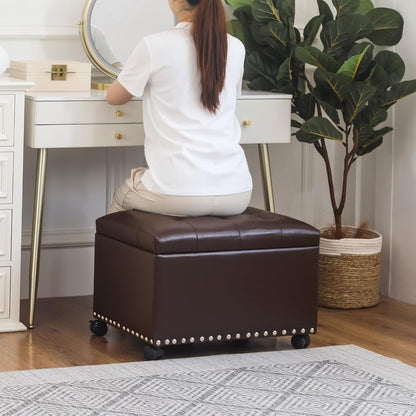 Joveco Leather Storage Ottoman with 360° Wheels 24" Rolling Foot Rest Bench Rectangle Ottomans Stool for Living Room Bedroom (Brown, Wheels)