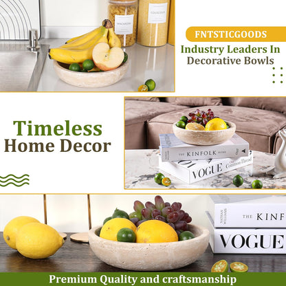 Travertine Decorative Bowl - 7.8” Diameter & 2” Height - Key Bowl for Entryway Table - Travertine - Organic Modern Centerpiece - Beige/Natural