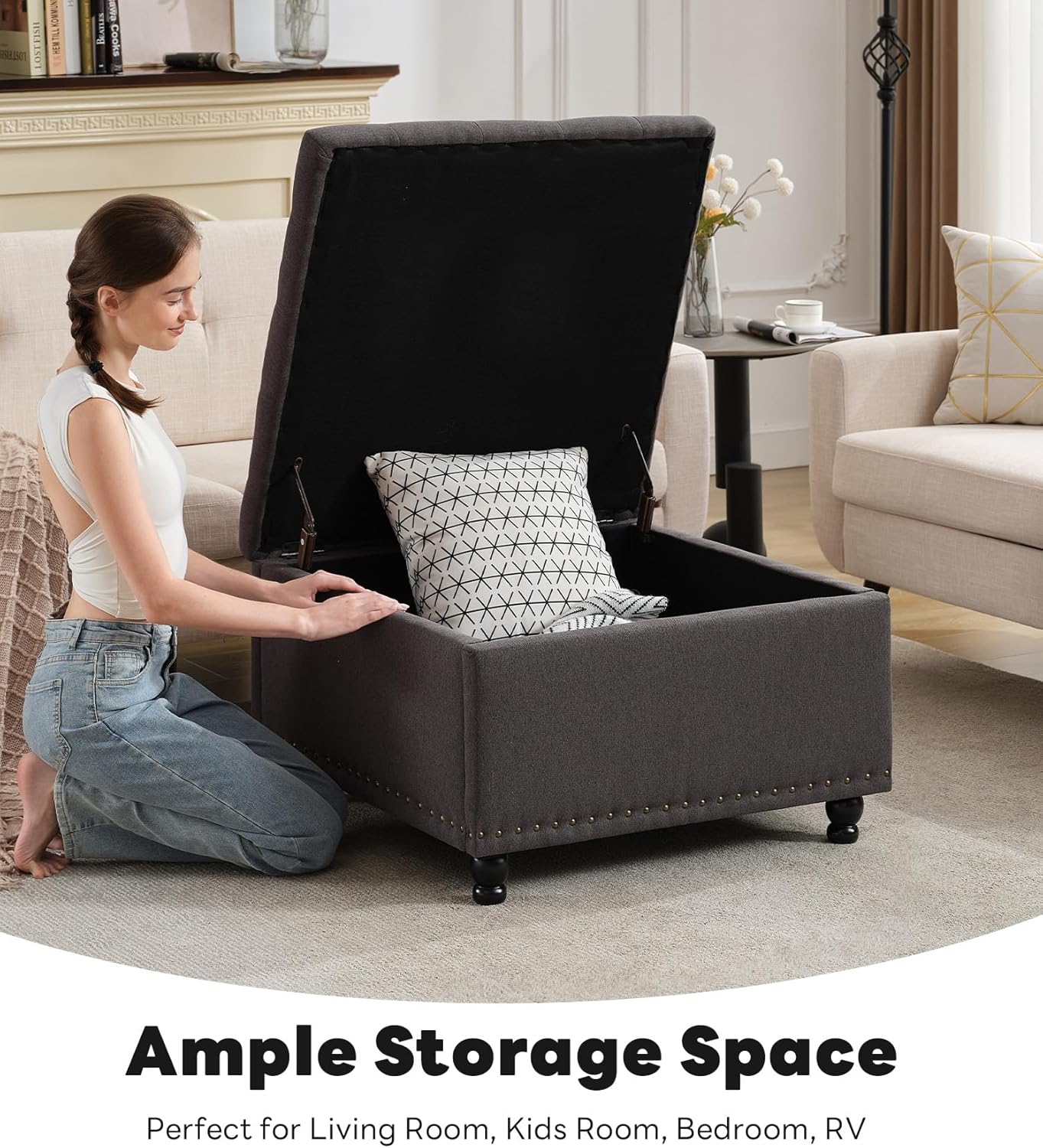 Tbfit Large Square Storage Ottoman Bench, Tufted Upholstered Coffee Table with Storage, Oversized Storage Ottomans Toy Box Footrest for Living Room, Dark Grey