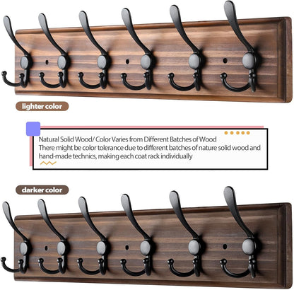 Coat Rack Wall Mount, Wooden Heavy Duty Coat Rack for Wall,6 Triple Coat Hanger Hooks for Hanging Coats,Jacket,Hat,Clothes (Brown, 6 Hooks)