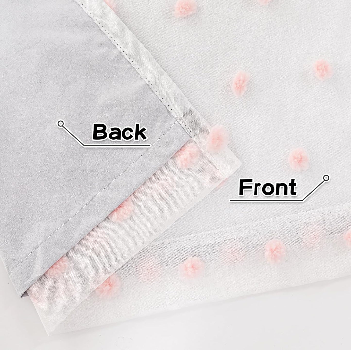 MYSKY HOME 100% Blackout Curtains for Nursery Thermal Insulated Pink Pom Pom Curtains 72 Inch Length for Girls Bedroom 2 Panels Grommet White Sheer Curtains for Kitchen Dining Room Door, 52W x 72L