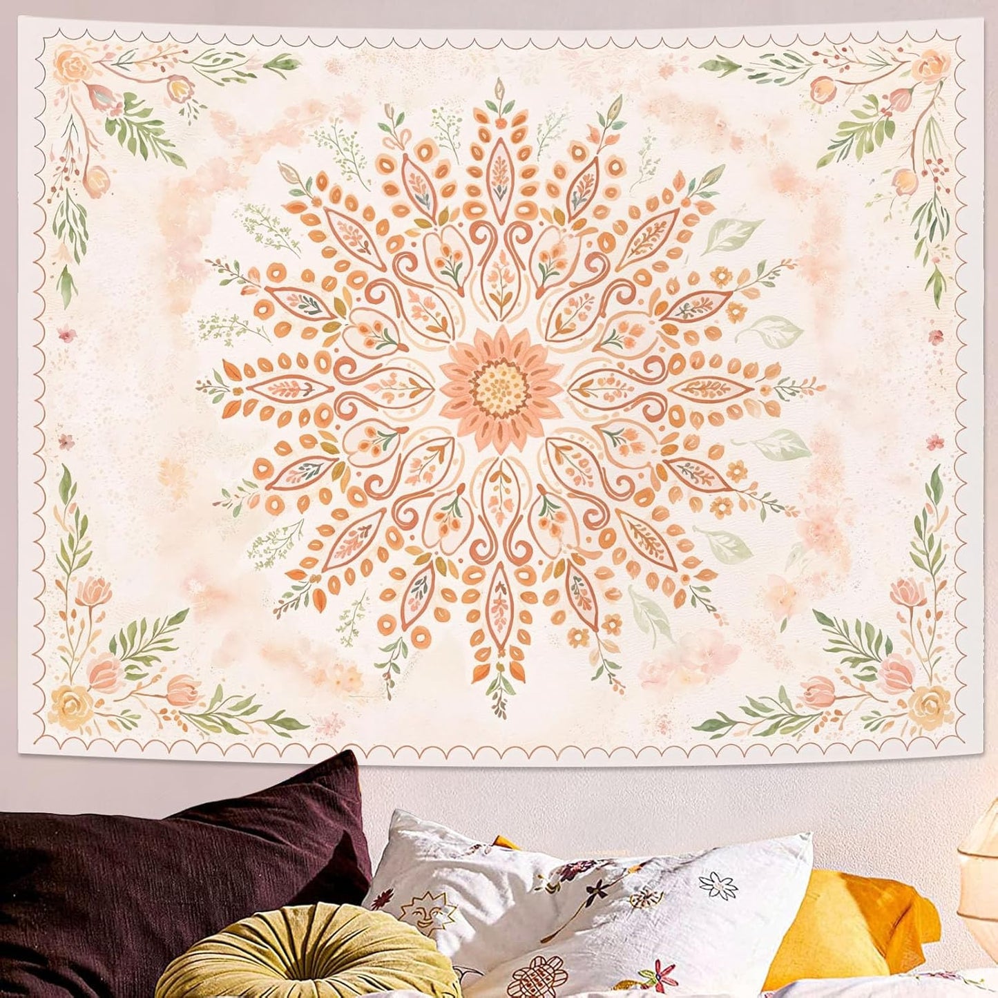 Lunerfex Floral Mandala Tapestry Boho Tapestry for Bedroom Peach Tapestries Wall Hanging Living Room Wall Art and Home Decor 60x80