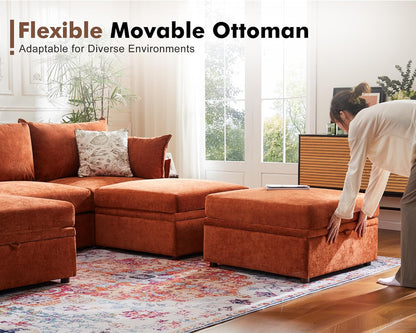 Luxury Modular Sectional Sofa, L-Shaped 3-Seat Couch with Storage Ottoman Deep Seat & Reversible Chaise Lounge Chenille Terracotta Orange for Compact Spaces, Apartments, Dorm
