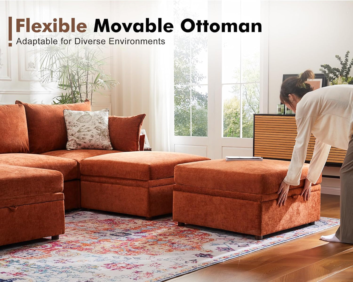 102.6" Luxury Modular Sleeper Sofa Bed 6 Seat Reversible Sectional Couch Deep Seat with Storage Chaises Removable Cover for Living Room, Apartment - Chenille Terracotta Orange