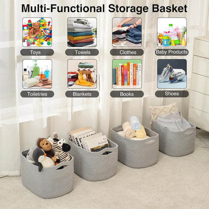 Storage Baskets for Organizing & Shelves, Woven Cotton Rope Organization Bins for Dog Toys, Clothes, Books, Nursery Organizer, 15" Lx11 Wx9.5 H, (4 Packs) Grey