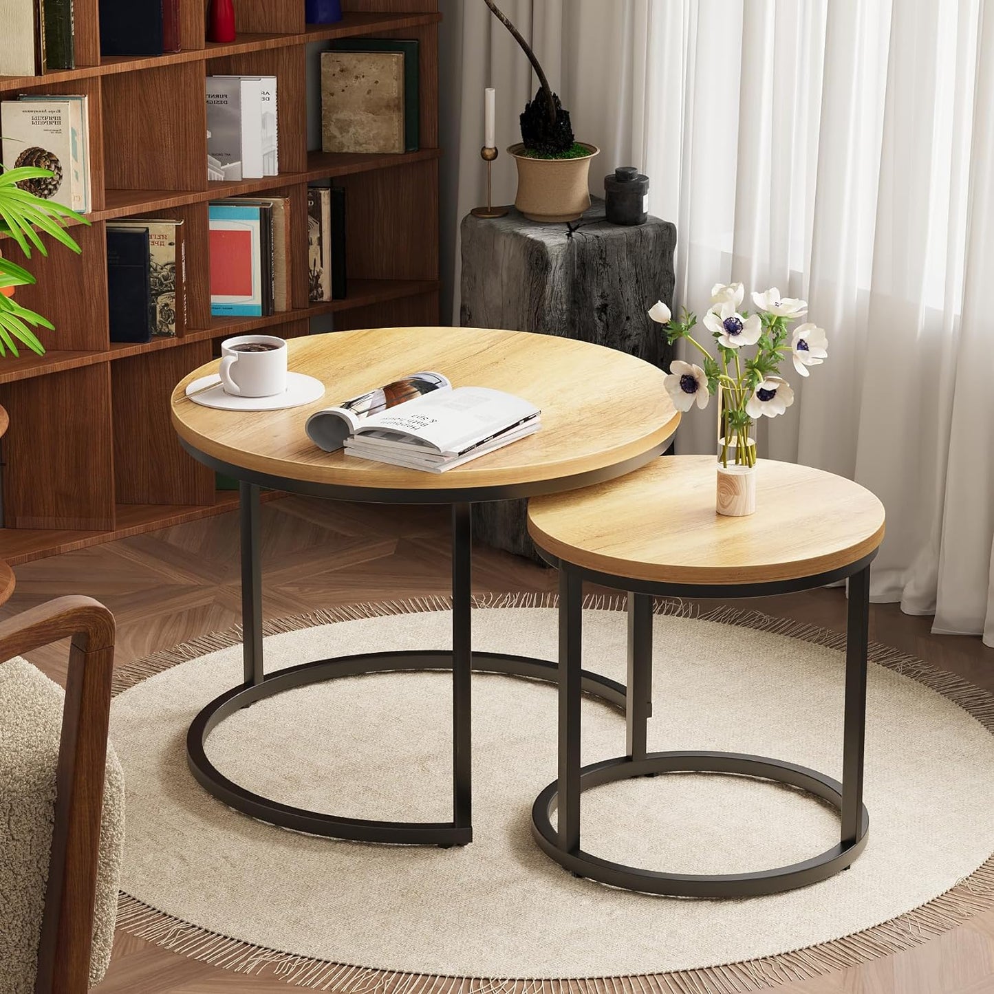 Smuxee Nesting Coffee Table Set of 2, 23.6" Round Coffee Table Brown Wood with Adjustable Non-Slip Feet, Industrial End Table Side Tables for Living Room Bedroom Balcony Yard