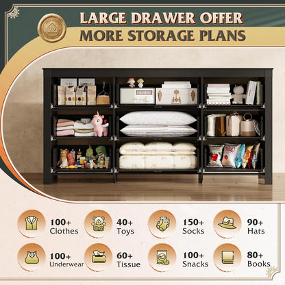 WLIVE Farmhouse Dresser for Bedroom, 63" Wide 9 Drawer Dresser Storage Organizer, Wood Chest of Drawers for Bedroom, TV Stand for 70 inch TV, for Living Room, Hallway, Ball Bearing Slide (Black)