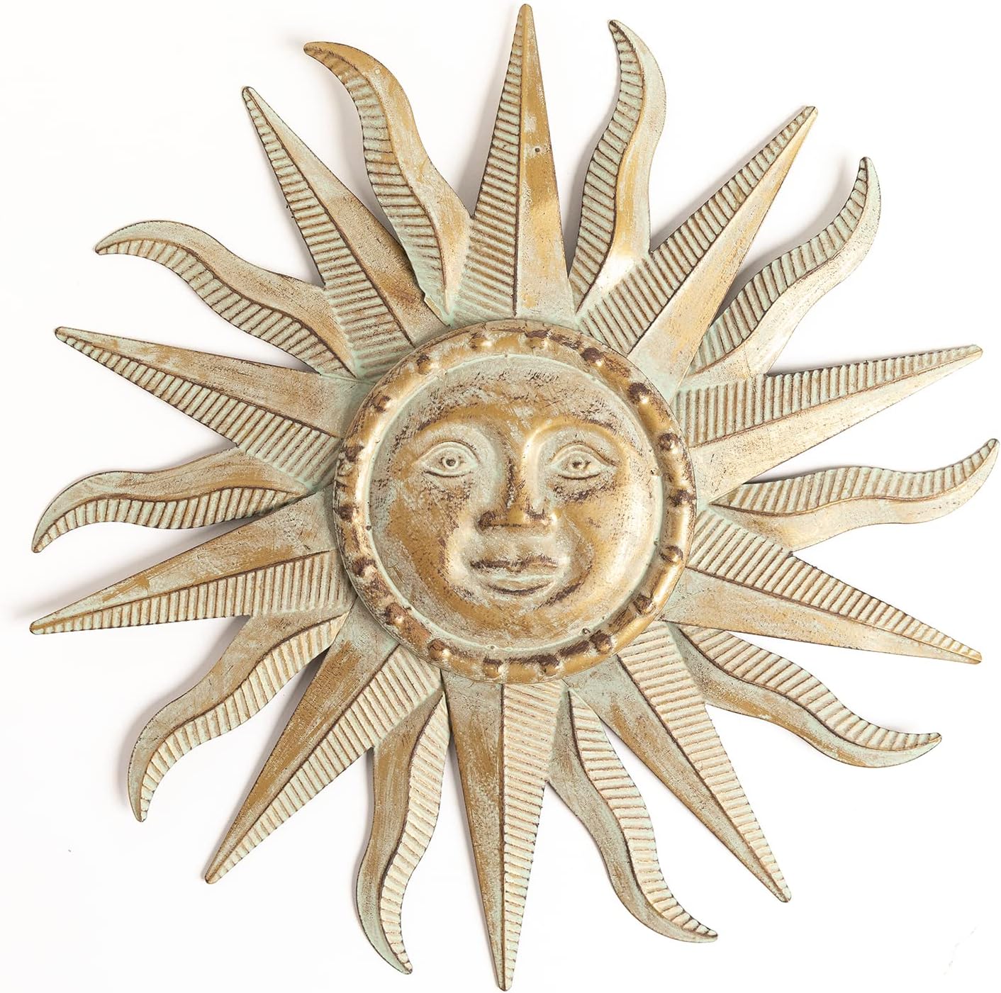 TICKCACY Metal Sun Wall Art Decor Sculpture, 3D Sun Wall Art Decoration Hanging for Outdoor Indoor Garden Farmhouse Yard Patio Living Room Bedroom, 21.65 Inch, Green-gold