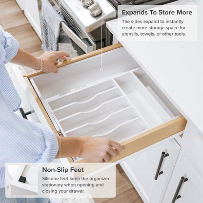 Premium Silverware, Flatware and Utensil Organizer for Kitchen Drawers, Food-Safe Contract Grade, Expandable from 10.5 to 19 In, White Bamboo