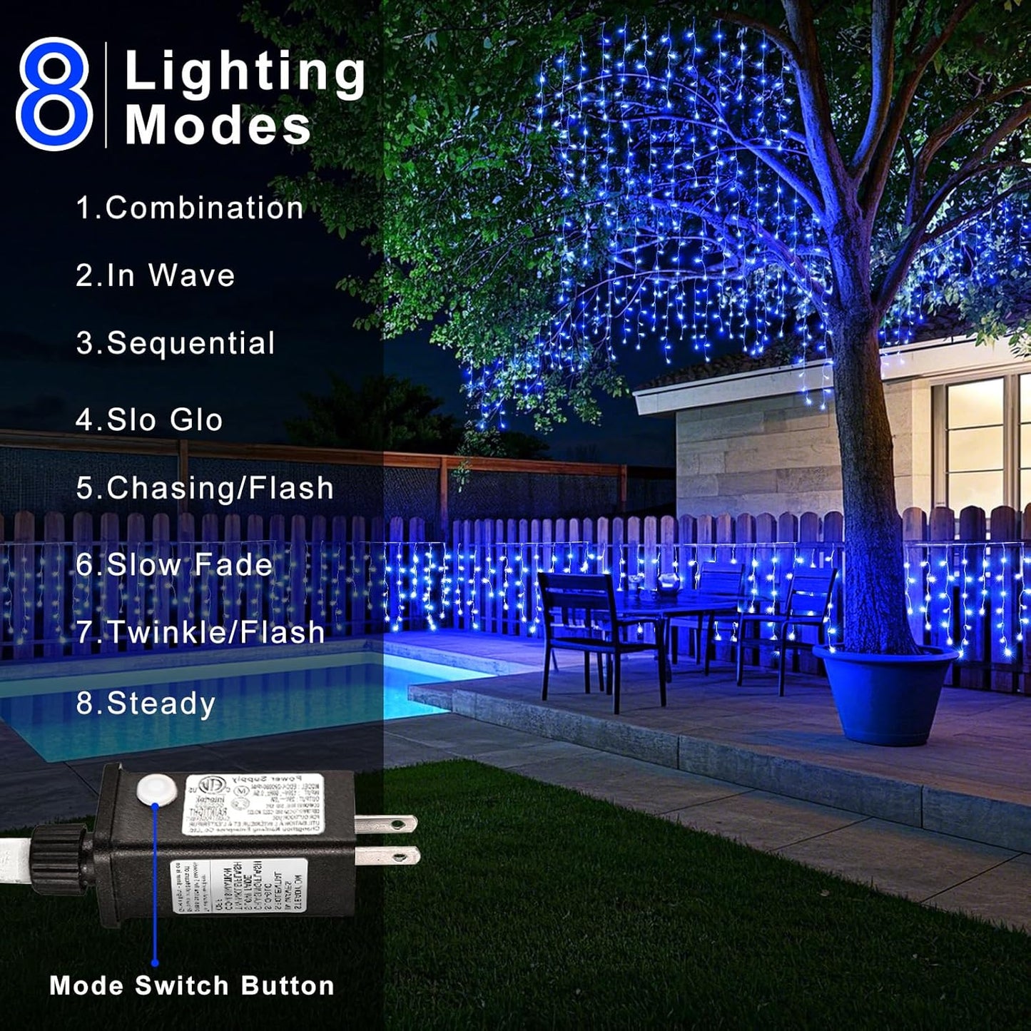 Blue Christmas Lights Outdoor, 66ft 640 LED Icicle Lights for Outside House with Connectable Clear Wire 8 Modes Timer, Plug in Waterproof for Home Holiday Eaves Patio Yard Party Room Indoor Decoration