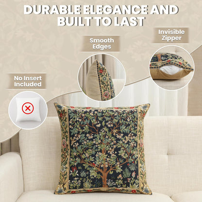 Charlotte Home Furnishings Throw Pillow Covers, Decorative Boho Pillow Covers for Couch, Living Room, Blue Tree Square Cushion Cases 18x18 in, European Cotton Jacquard Woven for Cozy Bedroom Decor