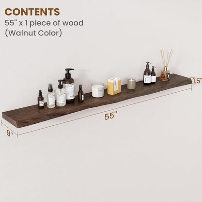 Floating Shelves for Wall Decor, Rustic Solid Elm Wood Live Edge Floating Shelves Wall Mounted, Wall Shelves with Invisible Bracket for Living Room Bathroom Bedroom Kitchen, 55 Inch, Walnut