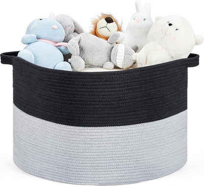 Ravinte Large Storage Basket - 22"x 22"x 14" Blanket Basket for Living Room, Baby Toy Storage Basket, Cotton Rope Basket Woven Laundry Basket (Black-Gray)