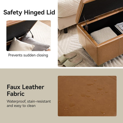 41" Faux Leather Storage Ottoman, Stitch Tufted Rectangle Upholstered End of Bed Storage Bench, Entryway Large Couch Ottoman with Wooden Legs, Light Brown