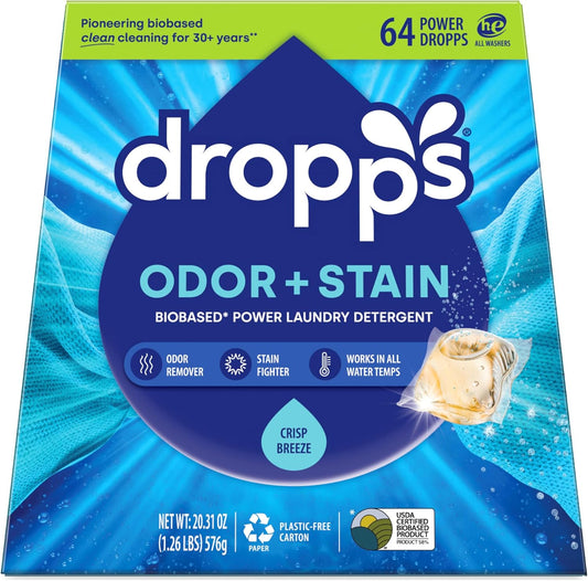 Dropps Odor & Stain Biobased Power Laundry Detergent Pods, Crisp Breeze (64 Pods) - HE Compatible Laundry Pods for Fresh Clothes - Laundry Soap Supplies & Recyclable Paperboard Packaging
