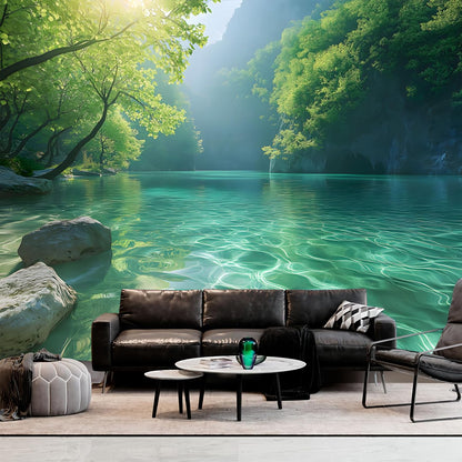 BSFHH Nature Tapestry Forest Tree Sea Cave Wall Hanging, Stream Through Rainforest Landscape Wall Art Tapestry for Bedroom Living room (Lake View, 110" × 87", Unframed)