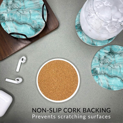 Emerson Coasters for Drinks Absorbent – Natural Stone Drink Coasters Set with Holder, Coasters for Coffee Table, Wooden Tabletop Protection Marble Style – 100% Heavy Duty Set of 6 (Aura)