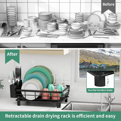 MOUKABAL Dish Drying Rack, Dish Rack, Stainless Steel Dish Racks for Kitchen Counter, Dish Drainer with Removable Utensil Holder, Drainboard (Black)