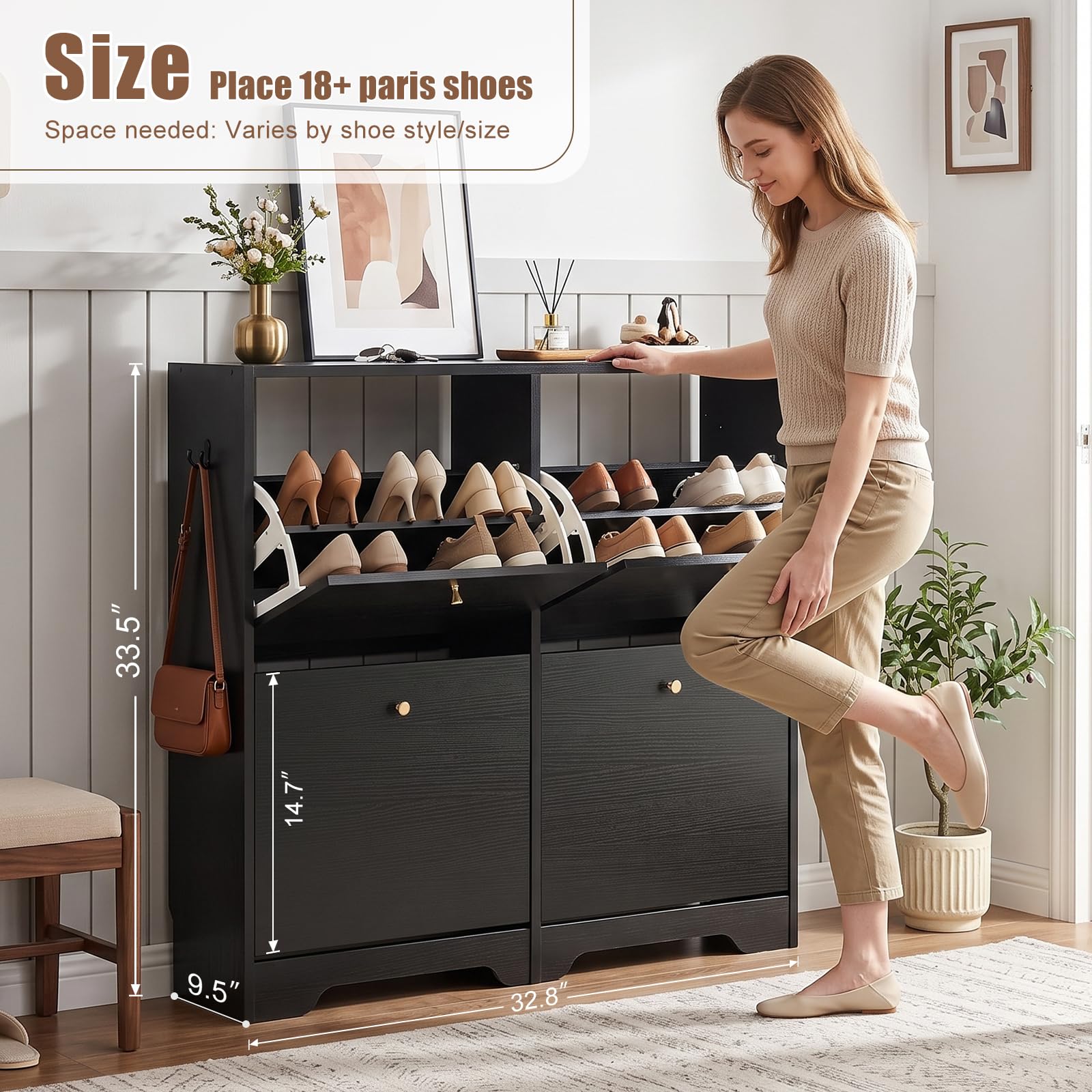 Nicetree Shoe Cabinet, 4 Flip Drawers Slim Black Entryway Storage