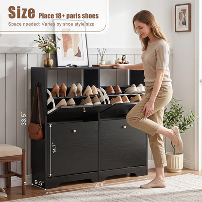 Nicetree Shoe Cabinet, 4 Flip Drawers Slim Black Entryway Storage