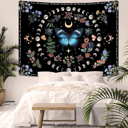Fowocu Blue Butterfly Moon Flower Tapestry Boho Floral Plant Tapestries for Bedroom Aesthetic Nature Tapastry's Wall Hanging Mandala Botanical Wall Tapestry for Living Room Dorm (Blue, 48'' × 36'')