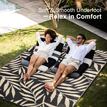 OLANLY Waterproof Outdoor Rug 6x9 ft, Reversible Outdoor Plastic Straw Rug with Leaf Pattern, RV Mat, Indoor Outdoor Carpet for Patio, Camping, Balcony, Deck, Backyard, Black & Beige