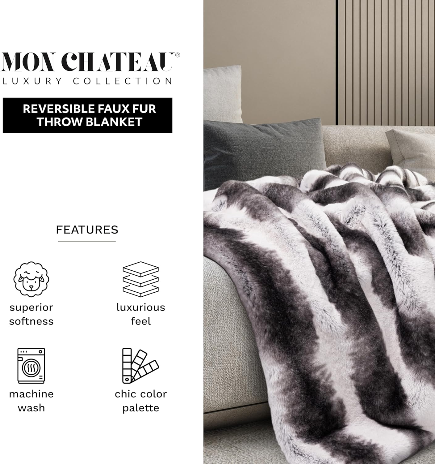 Mon Chateau Luxury Printed Faux Fur Throw with 6cm Foldover for Couch, Sofa, or Bed - Plush Ultra Soft Blanket for Sleeping or Home Décor, 60" x 70" (Striped)