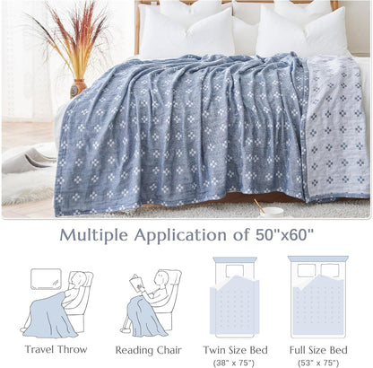 jinchan Boho 100% Cotton Blanket Muslin 50x60 Inches Lightweight 3-Layer Geometric Cross Pattern Reversible Quilt Throw Soft Breathable Comfy All Seasons for Couch Bed Decor, Blue