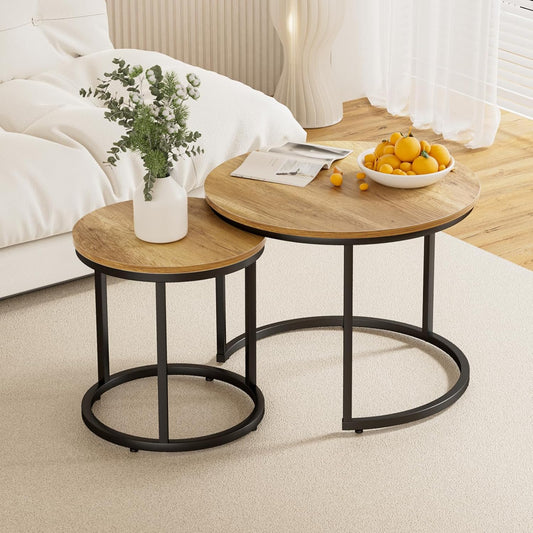 Smuxee Nesting Coffee Table Set of 2, 23.6" Round Coffee Table Brown Wood with Adjustable Non-Slip