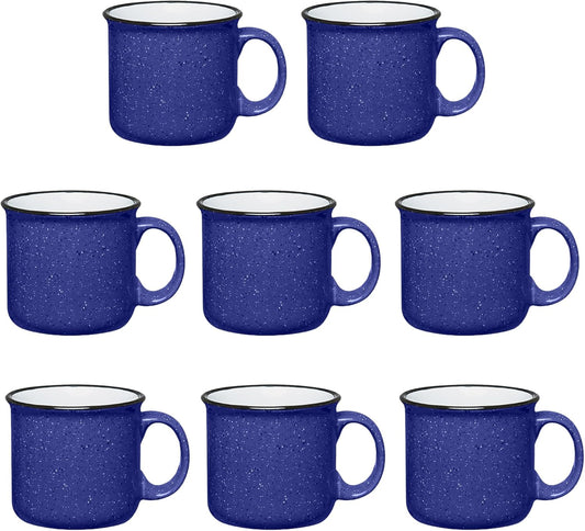 Set of 8 Ceramic Campfire Mugs – 15 Oz, Cobalt Blue – Coffee & Tea Cups for Home, Work, Travel