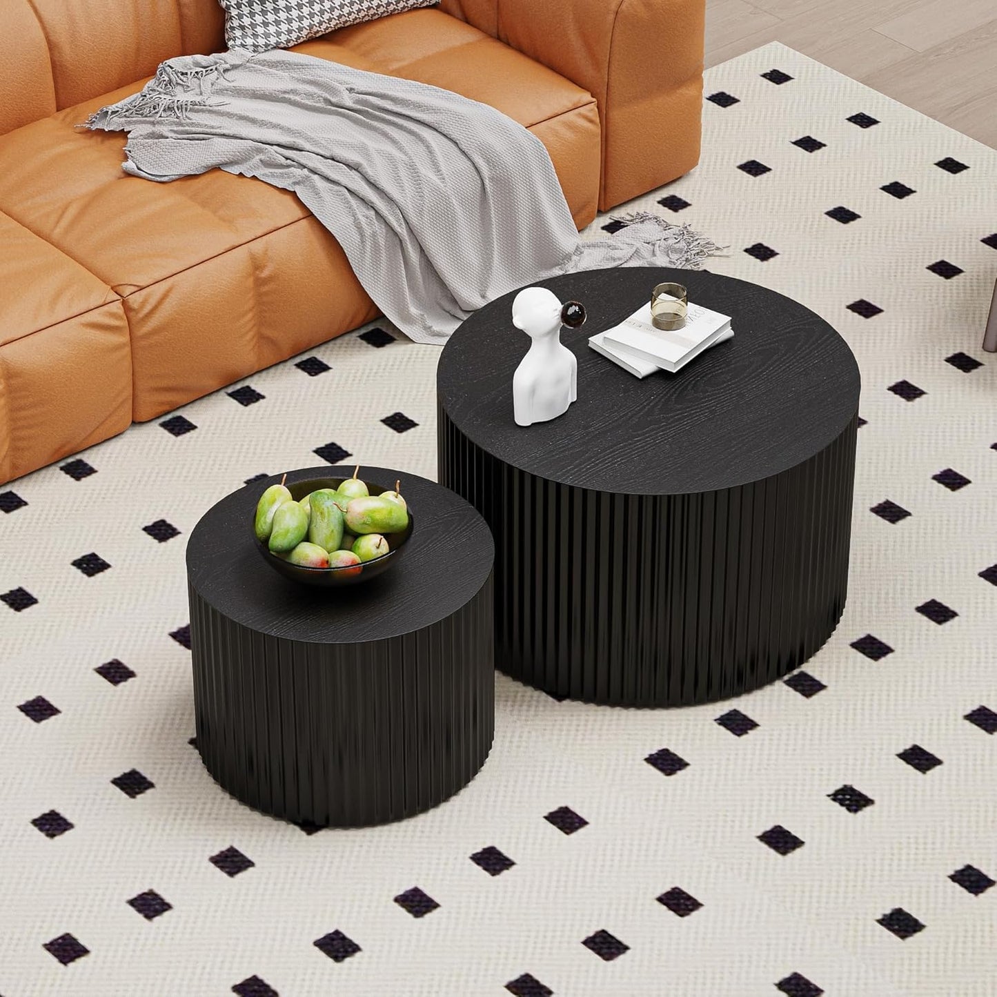 WXFKLDJ Round Nesting Coffee Table Set Cylindrical Wooden Coffee Table Sofa Center Table Circle Embossed Design Side Table for Living Room Apartment No Assembly (Round Black Small)