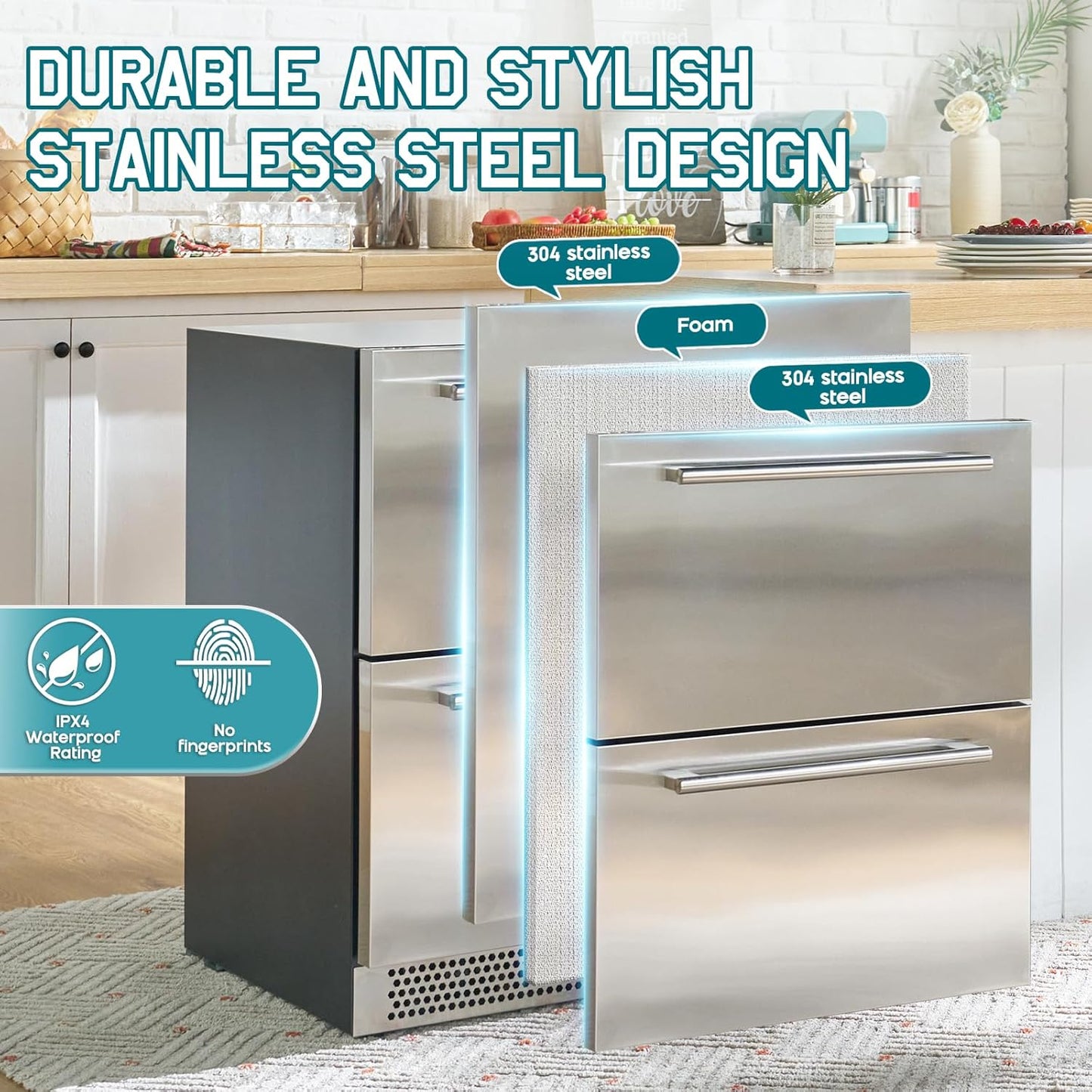 Albott 24 Inch Under Counter Drawer Fridge ??Stainless Steel Beverage Refrigerator with Dual Drawers, LED Touch Control, Adjustable Storage, Frost-Free, Low Noise, 34-72?? for Indoor or Outdoor Use