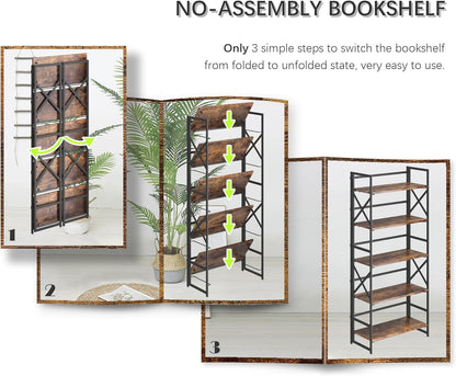 4NM 5 Tiers No Assembly Book Shelves, 51.2" H Folding Bookshelf Bookcase Open Industrial Foldable Shelves for Bedroom, Living Room, Home Office - Rustic Brown Black