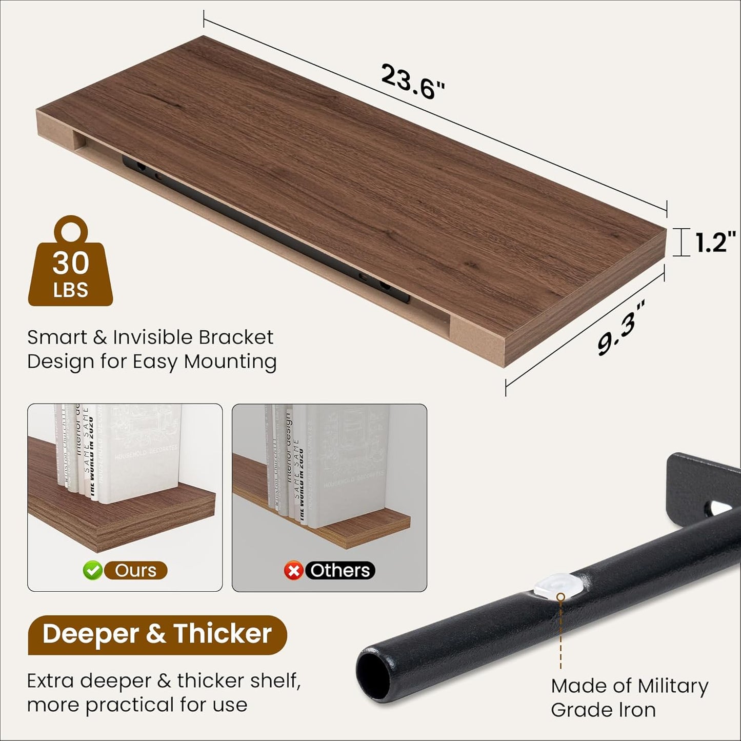 Fun Memories 24 Inch Floating Shelves for Wall, 9 Inch Deep Walnut Rustic Wood Wall Mounted Shelves for Bathroom, Kitchen, Living Room, Set of 2