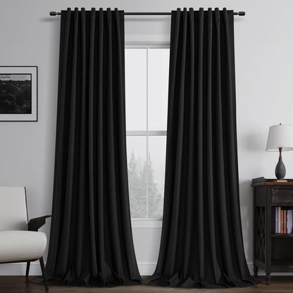 BOODII 108 Inch Black Out Curtains 2 Panels Set Back Tab Thermal Insulated Black Linen Textured Blackout Curtains Noise Reducing for Farmhouse Living Room Darkening Window Drapes 52x108