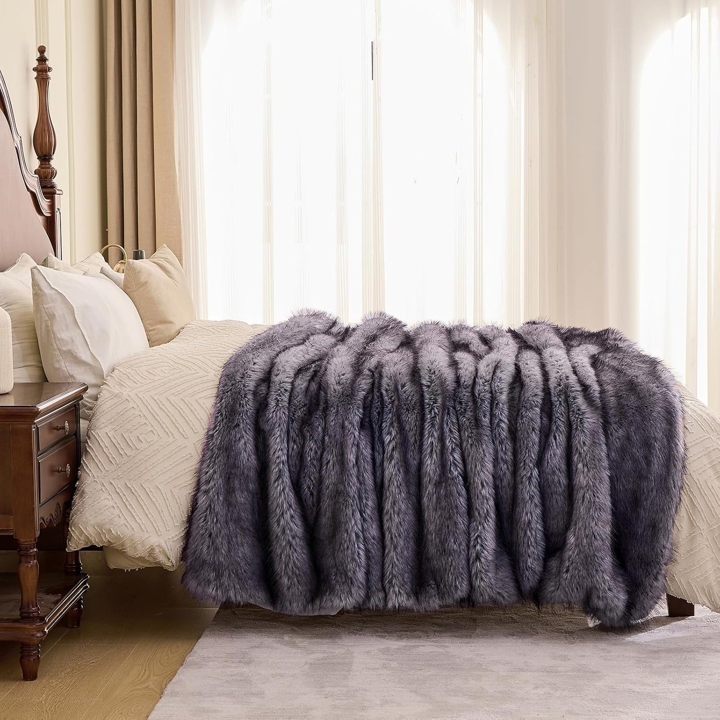 Fluffy Faux Fur Throw Blanket – Super Soft Warm Thick Plush Blanket for Bed, Couch & Office, Cozy Fuzzy Throw with Flannel Backing,50"x60", Grey