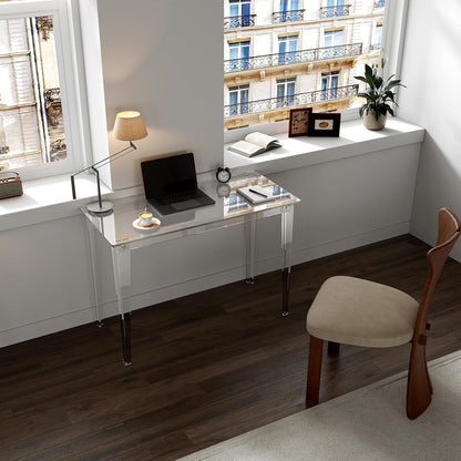 HMYHUM Acrylic Computer Desk, 43.3 Inch, Clear Study Desk for Home Office, Writing, Vanity, Modern, Easy Assembly, 19.7" W x 29.5" H, Right-Angle Legs Design