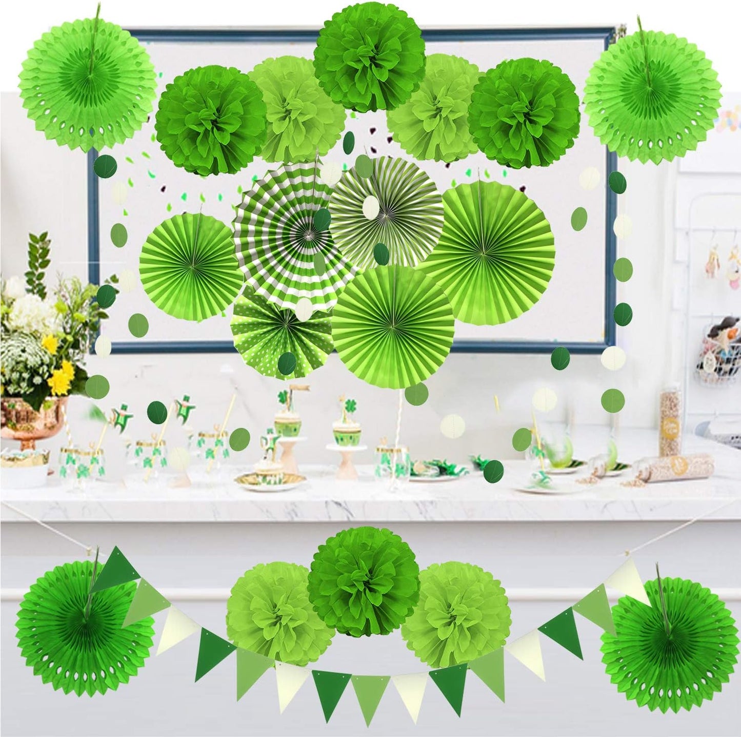 ZERODECO Party Decoration, 21 Pcs Green Hanging Paper Fans, Pom Poms Flowers, Garlands String Polka Dot and Triangle Bunting Flags for Golf Party Dinosaur Birthday Parties Arbor Day