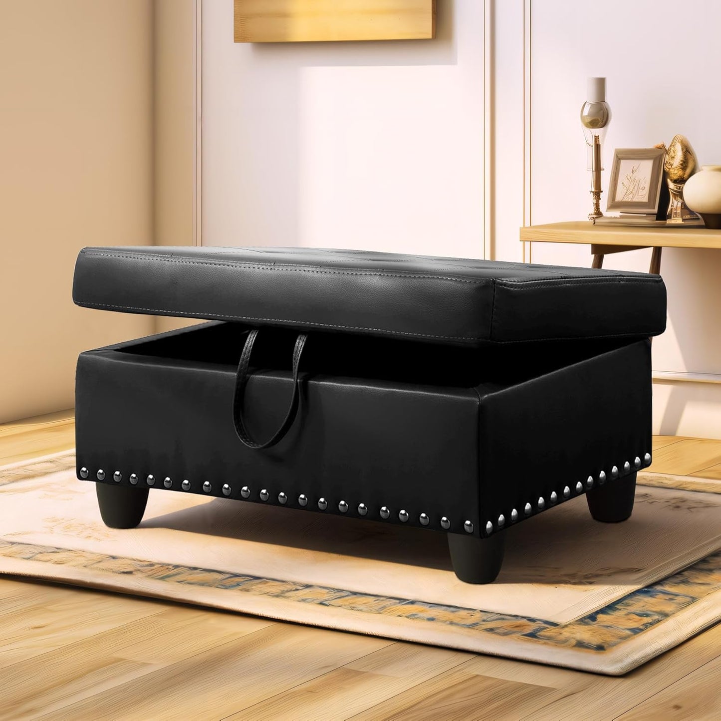 Ottoman Rectangular Storage Ottoman Bench, Faux Leather Footrest, Coffee Table, Stool Footstool with Hinged Lid for Living Room, Bedroom, Entryway, Black, 28.5"x19"x17.5"