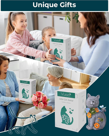 Solar Garden Statues Outdoor Decor, 6 LED Cat Flowers Butterfly Figurine Lights, Waterproof for Balcony Patio Porch Lawn Yard Ornament Art - Gift Ideas for Housewarming Gardening Grandma Women